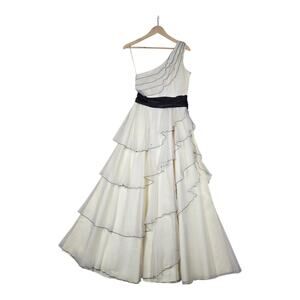 Vintage One Shoulder Formal Dress Ivory Cream Ruffle Prom Balletcore Union Made